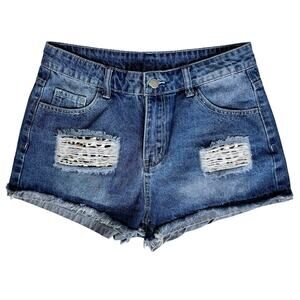 Womens‎ Distressed Casual Blue Jean Shorts Medium Leopard Pockets High Waist